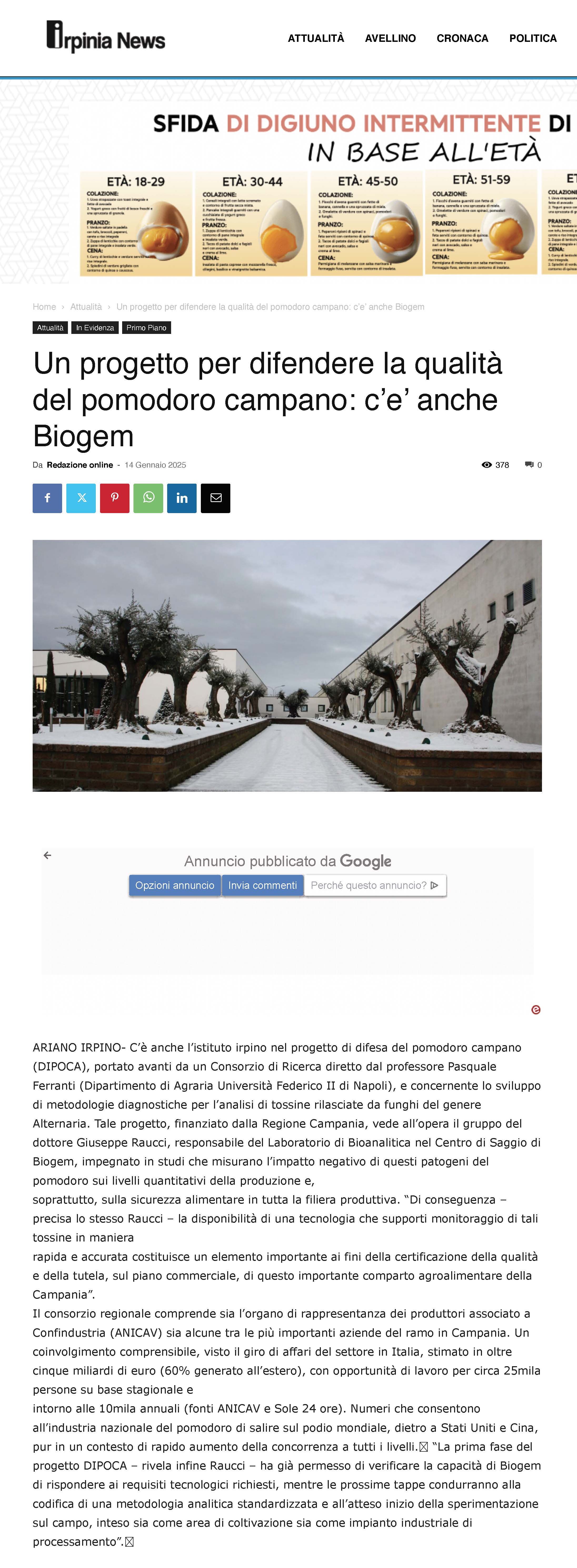 Un progetto per difendere la qualità del pomodoro campano: c’e’ anche Biogem